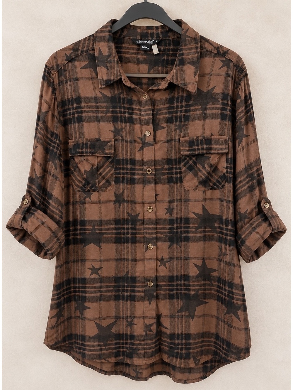 Charlie B Brown Black Plaid Star Print Button Up Shirt Western Boho Size XL